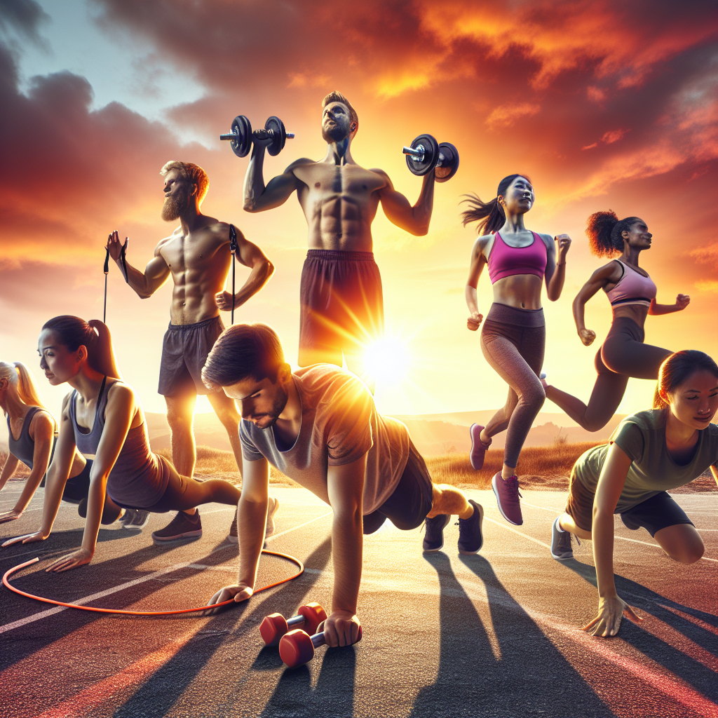 Group workout with a rising sun backdrop.
