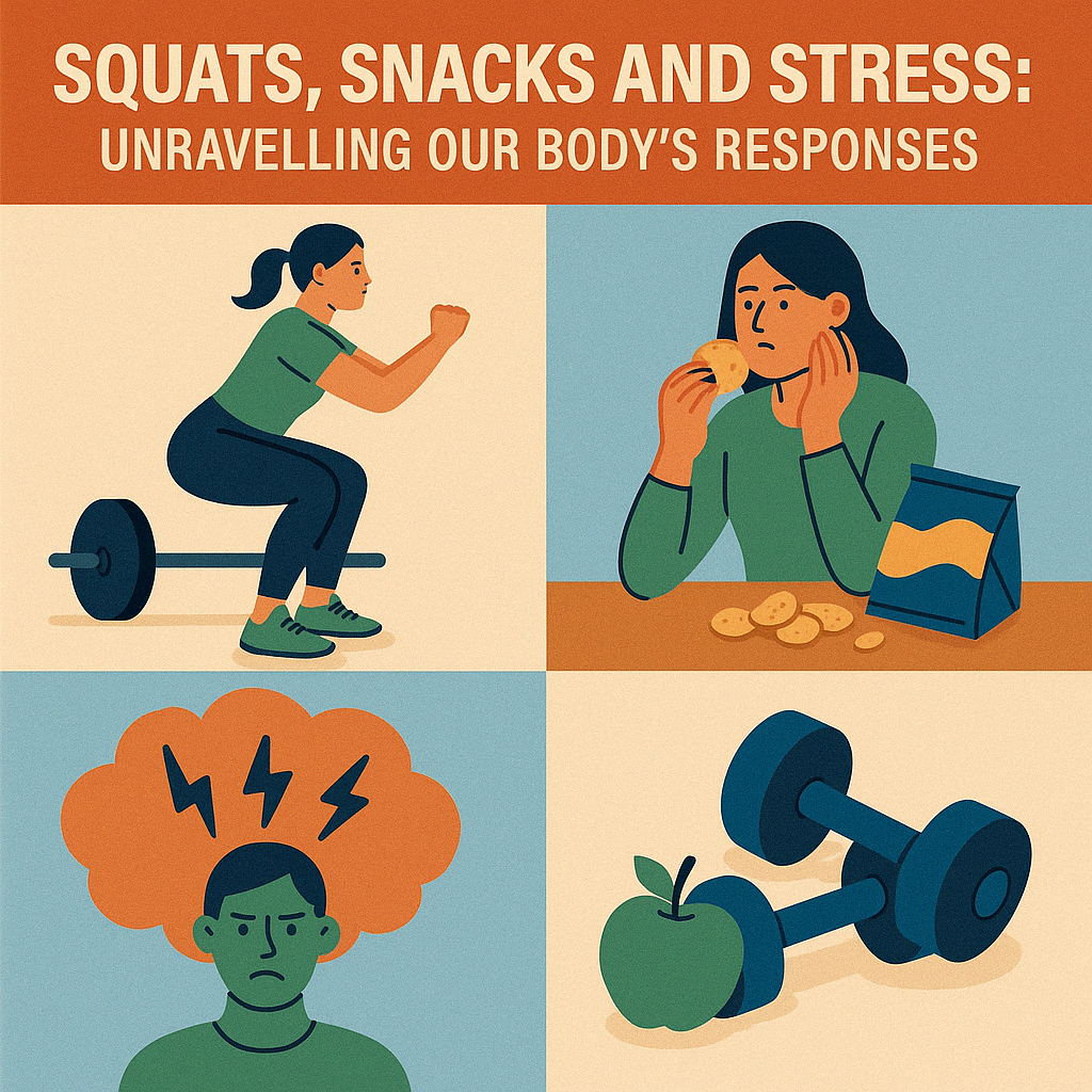 Illustration of squats, snacks, and stress symbols on a bold background