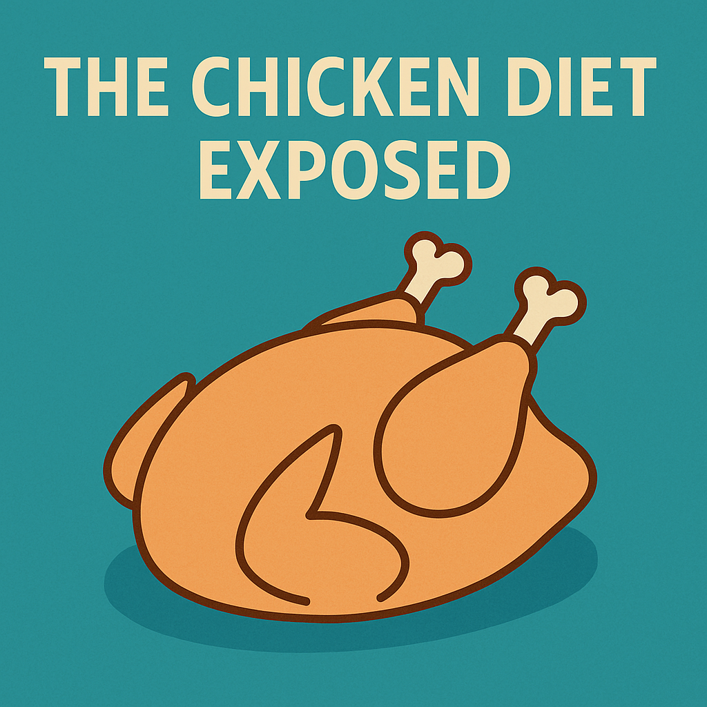 Illustration of a whole cooked chicken on teal background with title 'The Chicken Diet Exposed