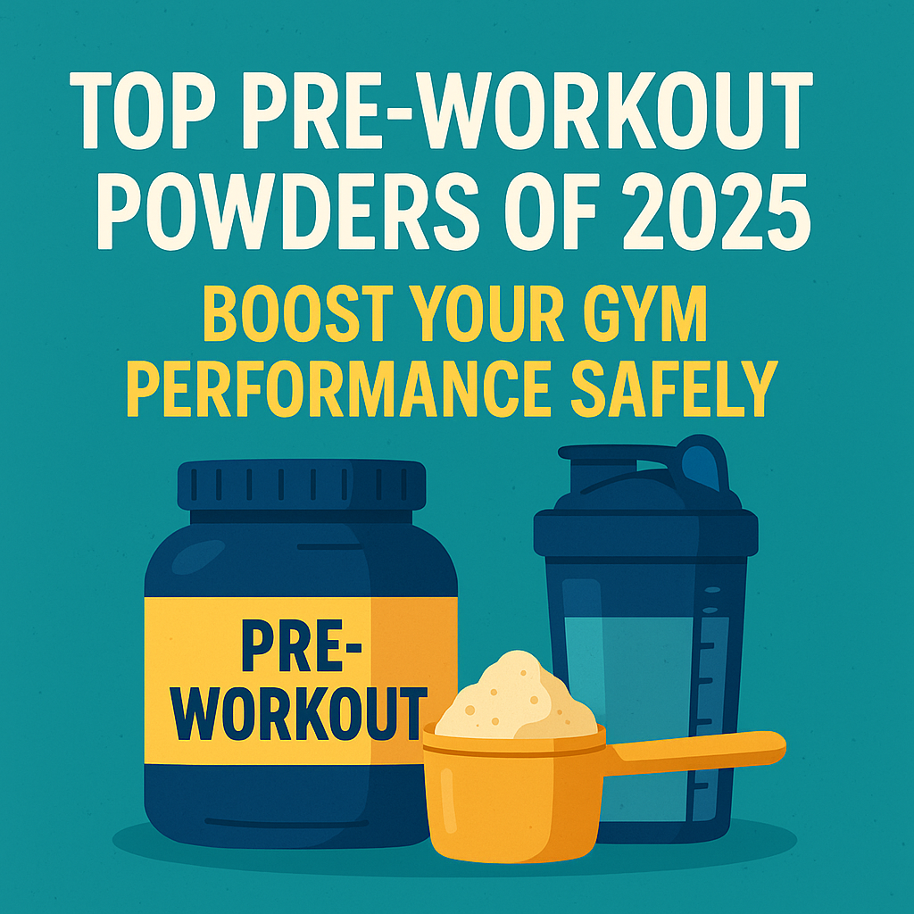 Illustration of pre-workout container, scoop, and shaker bottle with bold title about 2025's top pre-workout powders