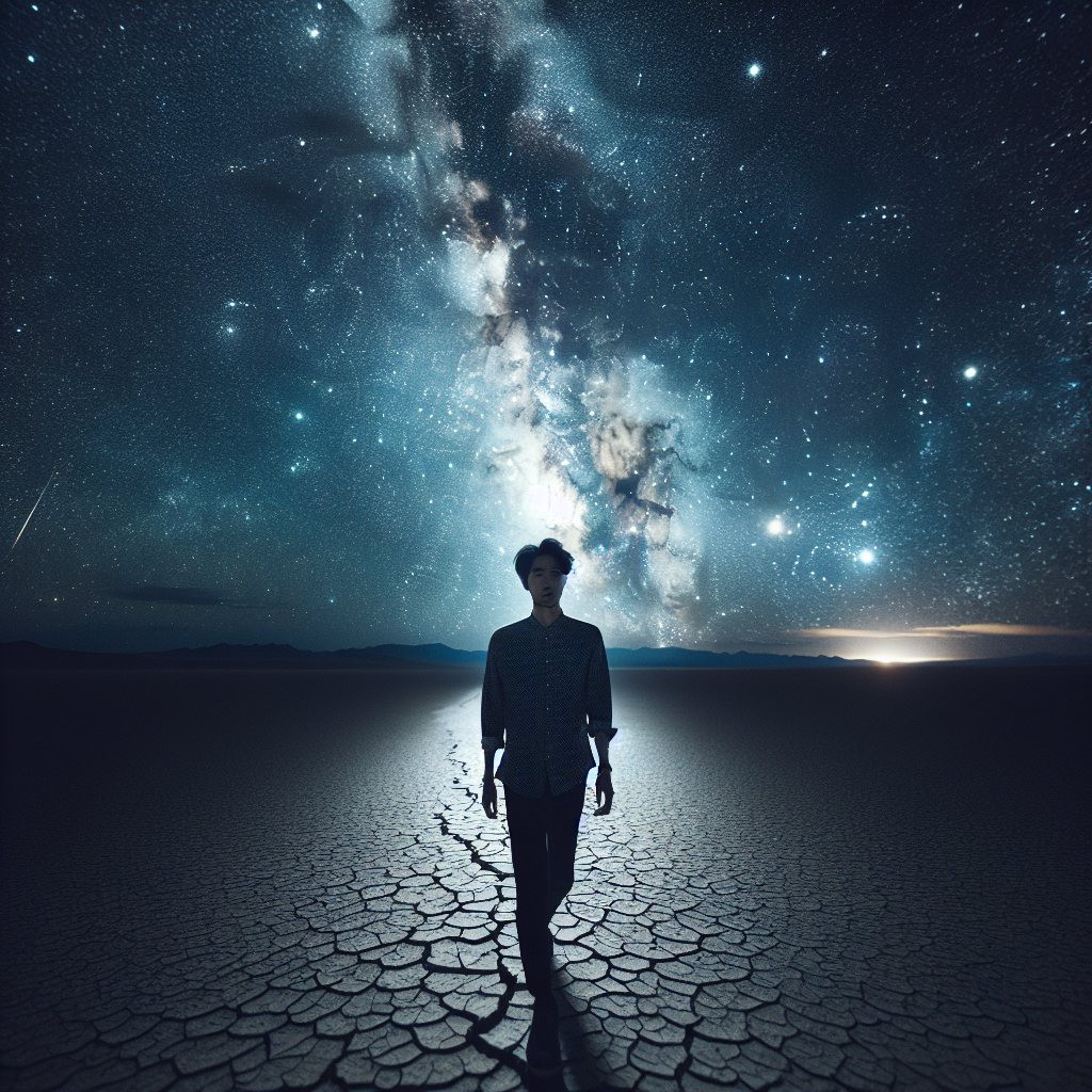 Person strolling under a star-filled sky.