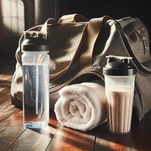 A gym bag filled with water bottle, towel, and protein shake.