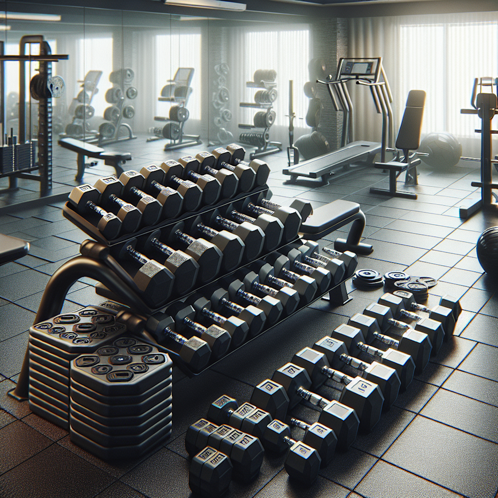 "Dumbbells, weight plates, and gym equipment"