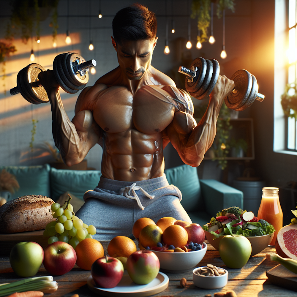 Man lifting weights with healthy food in background.