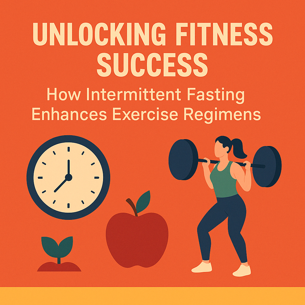 Illustration of clock, apple, plant, and woman lifting barbell representing intermittent fasting and fitness success