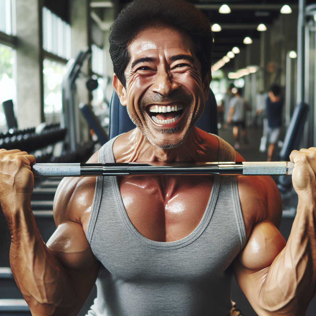 Person lifting weights with a happy expression