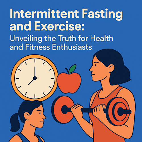 Illustration of clock, apple, and woman lifting barbell representing intermittent fasting and exercise