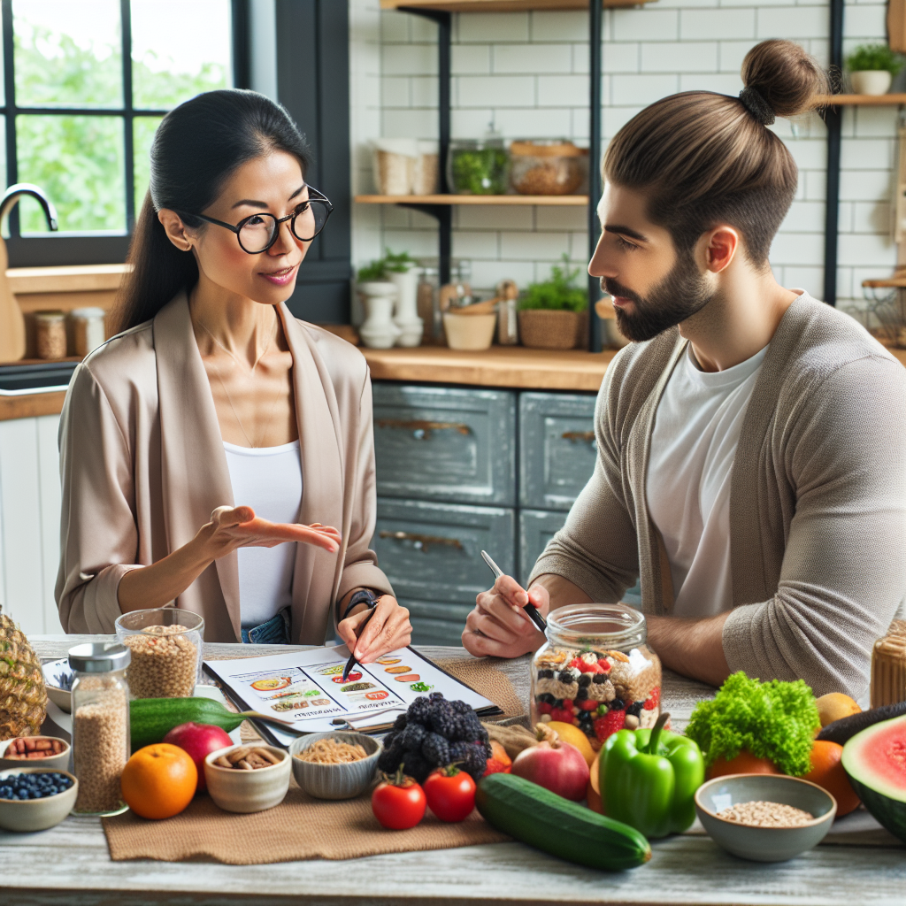 Coach advising client on healthy foods.