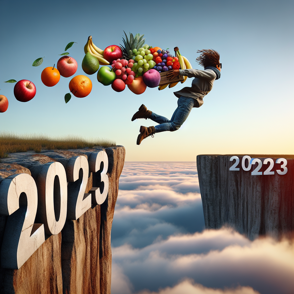 Person leaping from 2023 to 2024 cliff, holding fruits.