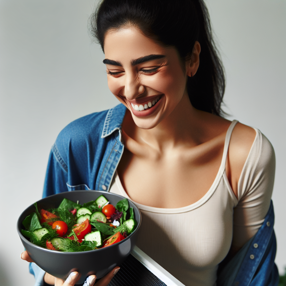 Woman on scale, smiling with a healthy salad.