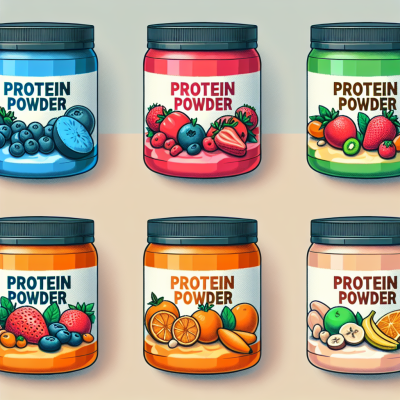 Five colorful tubs of different protein powders.