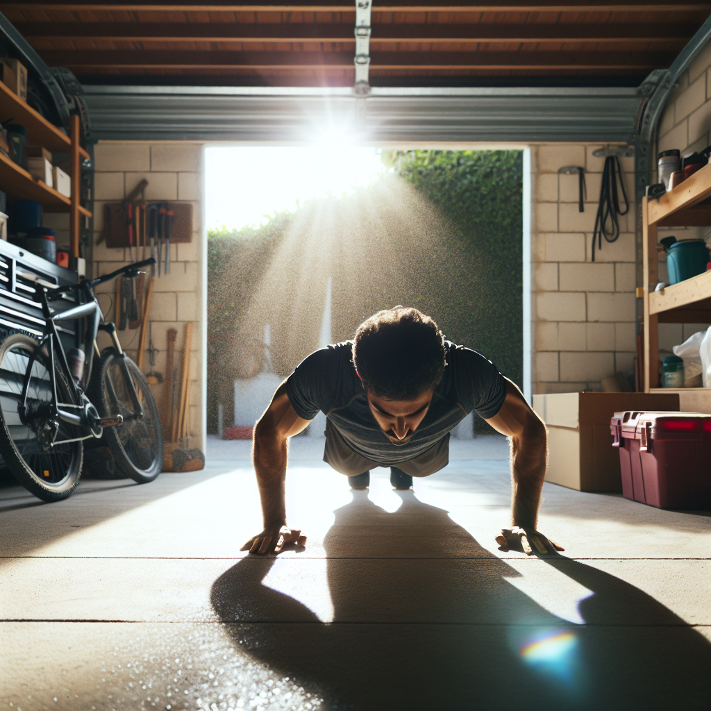 "Man doing push-ups in his garage"