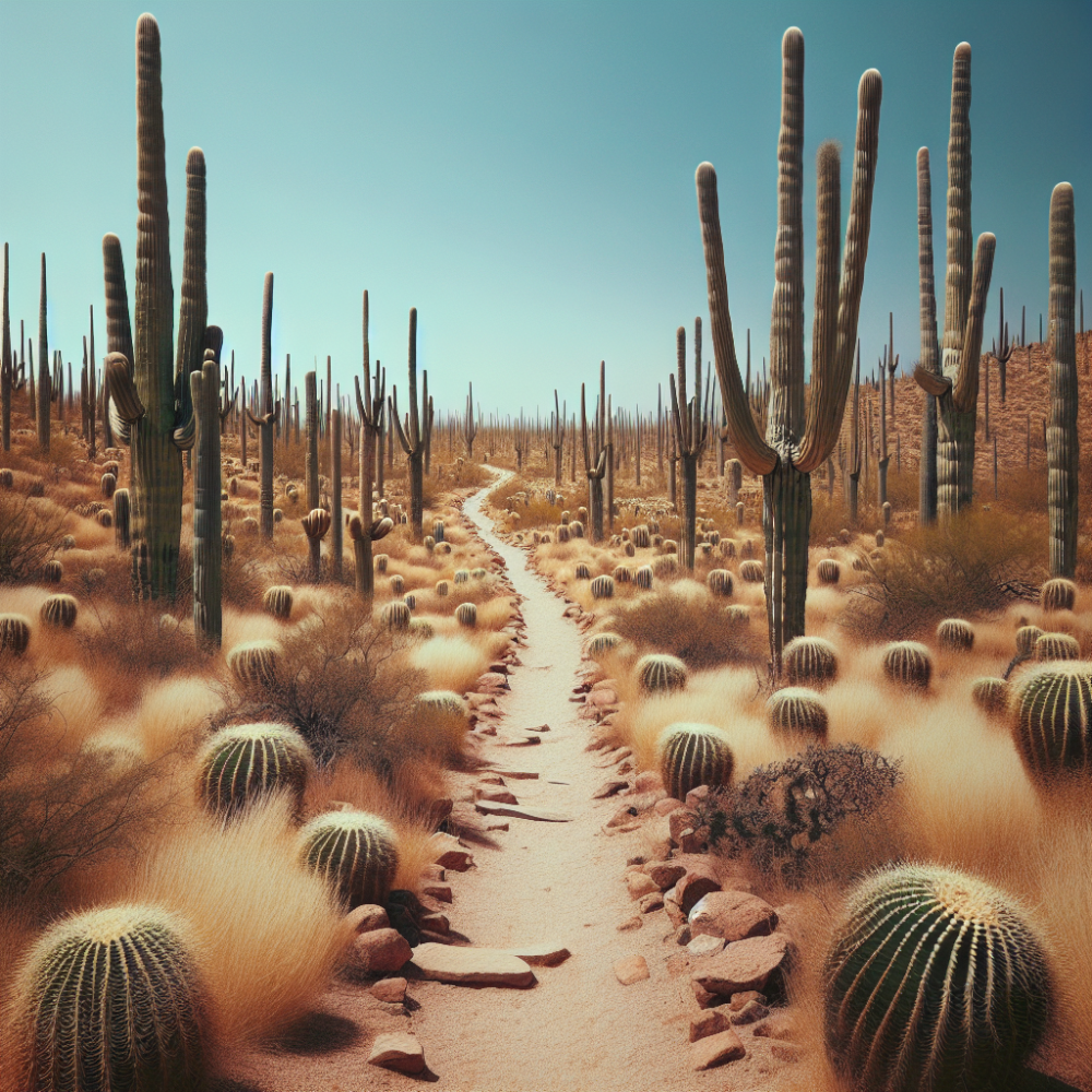 Saguaro cacti dotting rugged desert hiking trail.