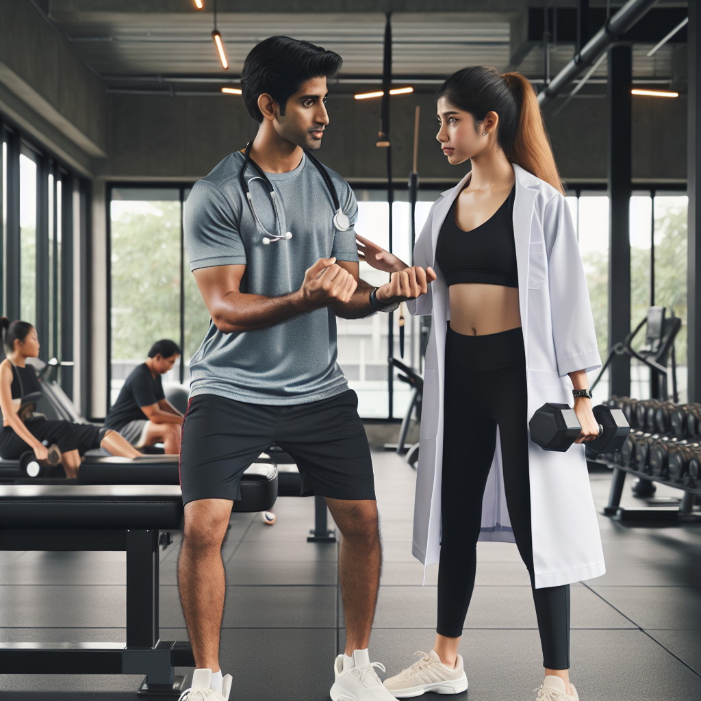 Doctor exercising with personal trainer in a gym.