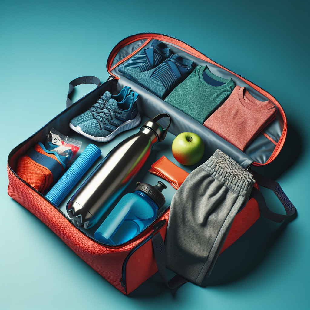 "Gym bag with water bottle, attire and snacks"