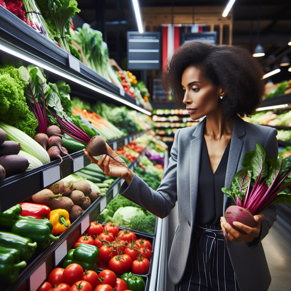 A woman comparing prices of organic vegetables.