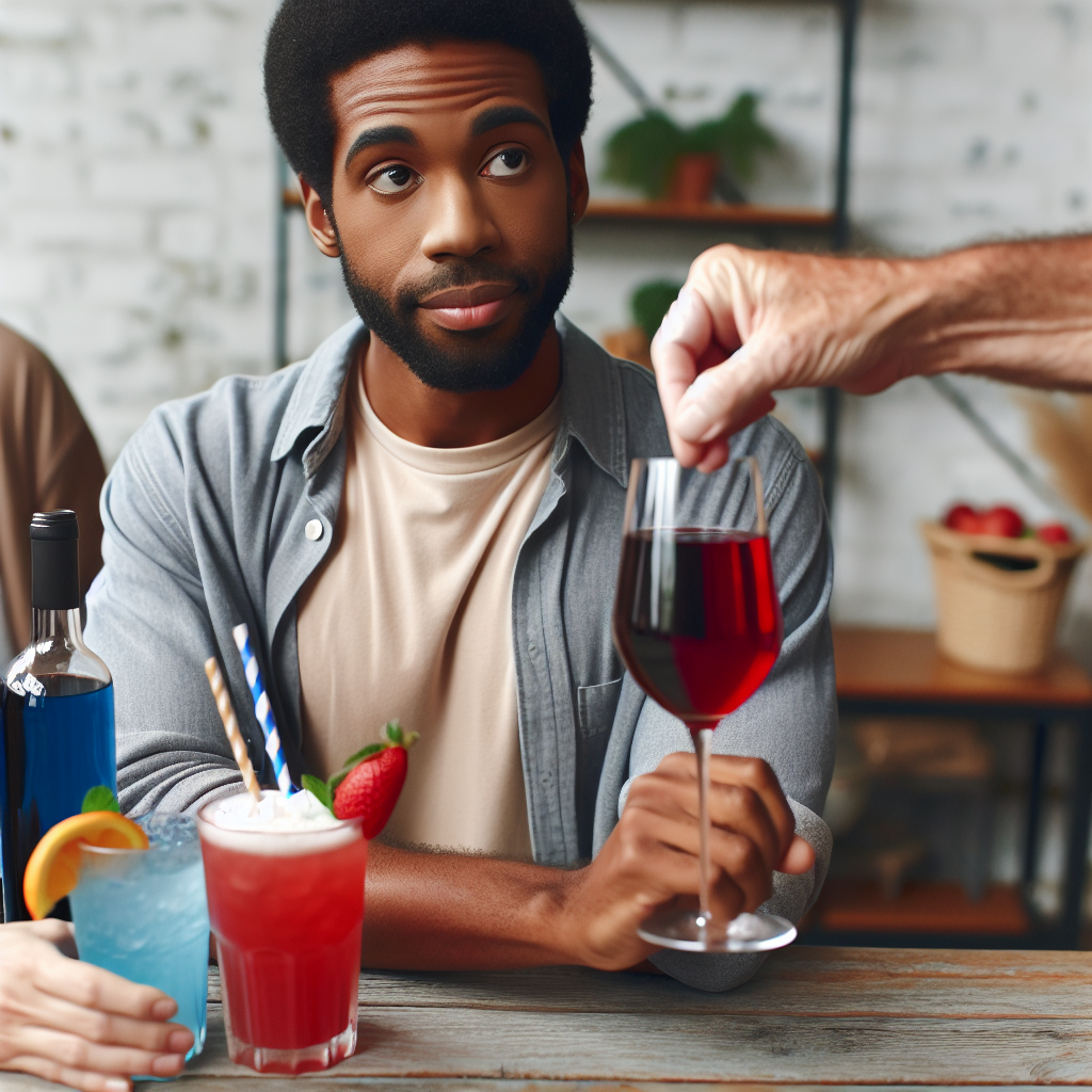 A person rejecting a glass of wine, choosing a mocktail instead.
