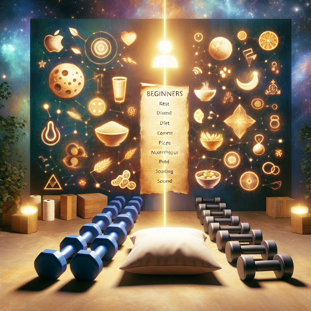 "Dumbbells, diet plan, rest symbols & beginners icon."