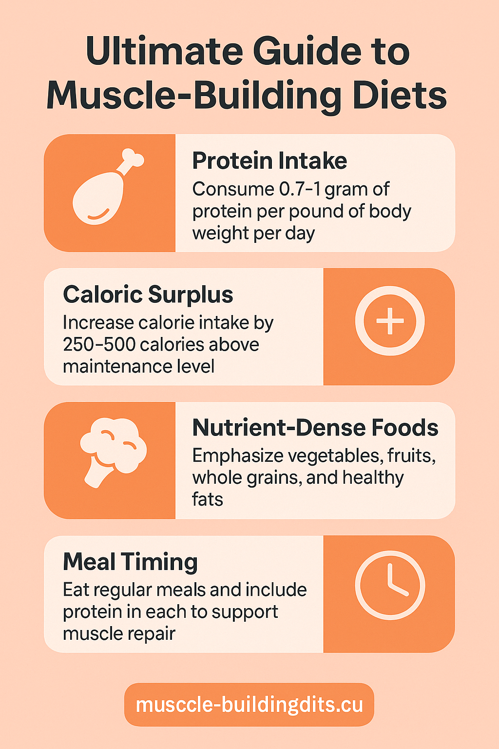 Infographic showing muscle-building diet tips: protein intake, caloric surplus, nutrient-dense foods, and meal timing