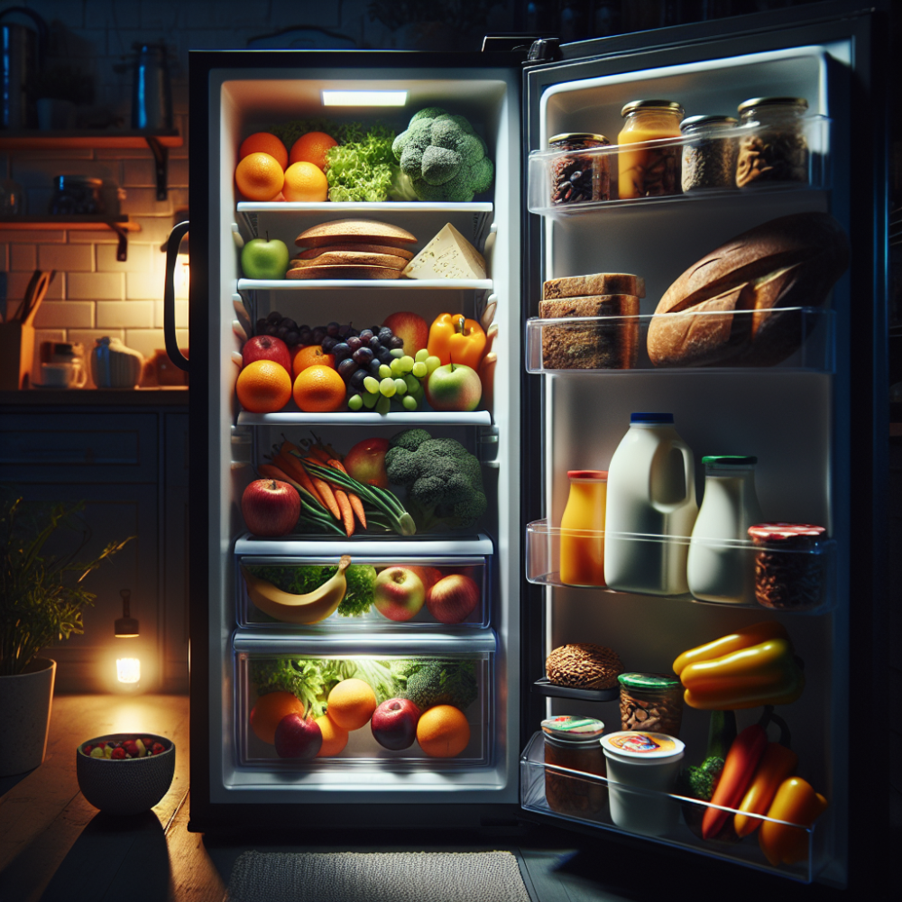 Fridge open with healthy snacks inside at night.