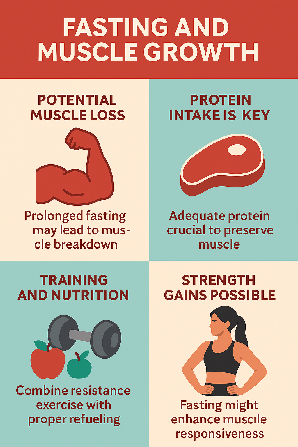 Infographic showing fasting and muscle tips: limits muscle loss, focus on protein, training and nutrition, strength gains possible