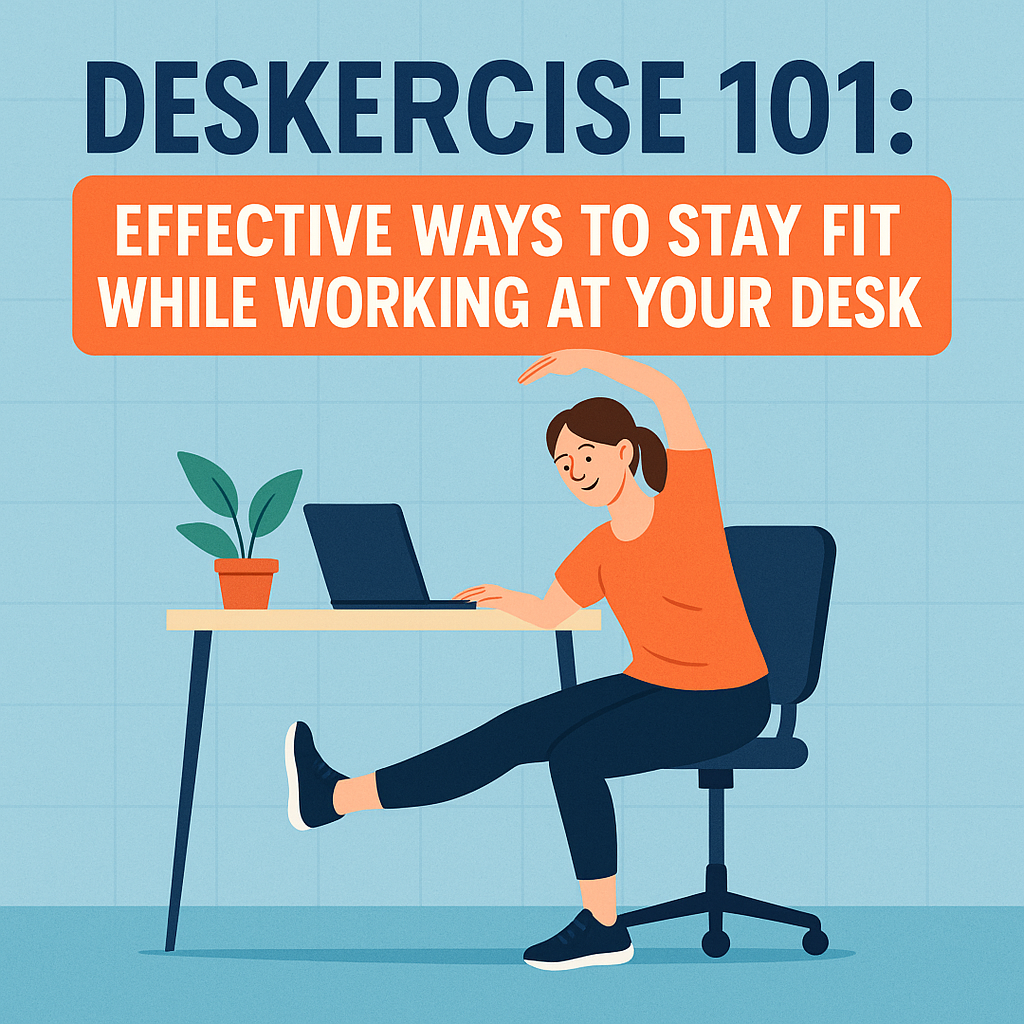 Illustration of woman stretching at her desk with laptop and plant, promoting desk exercise and workplace fitness