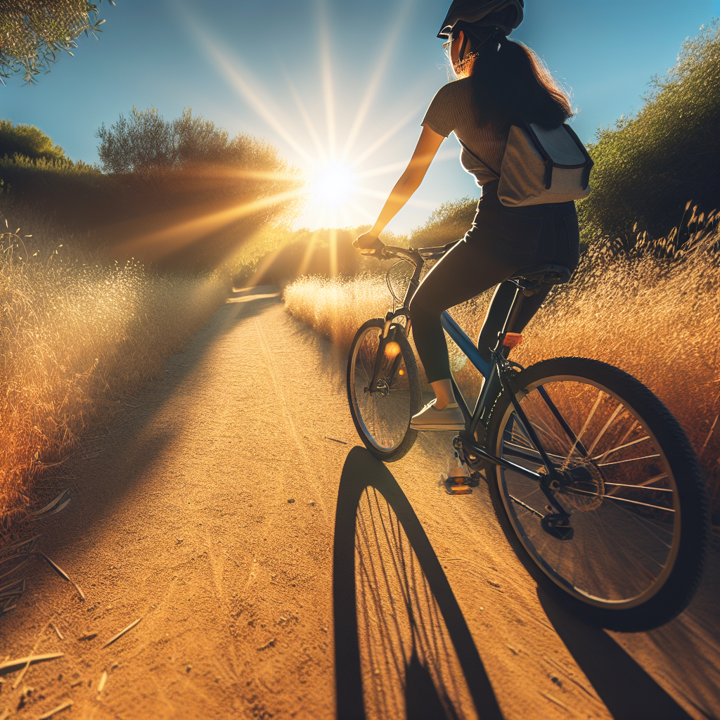 Trainer cycling on sunny, dry trail.