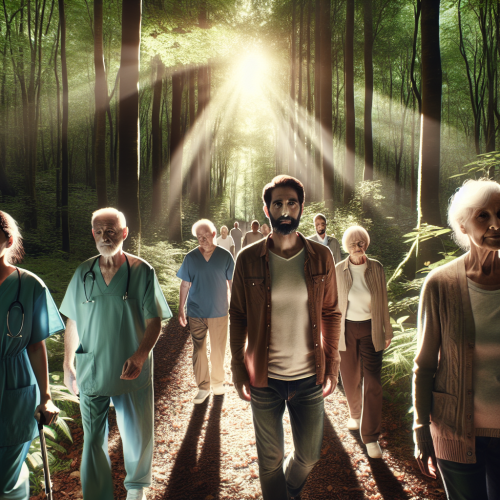 Group of patients walking through a forest.
