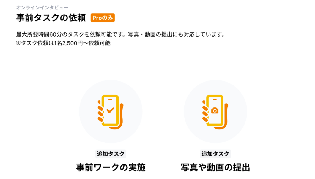 オンラインインタビュー前の事前タスクとして、事前ワークや写真・動画の提出を求めることができる