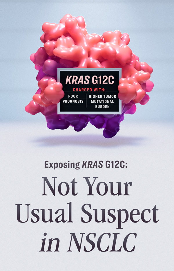 3D-image of a KRAS G12C molecule holding a suspect-style board as if under investigation with a title Not Your Usual Suspect