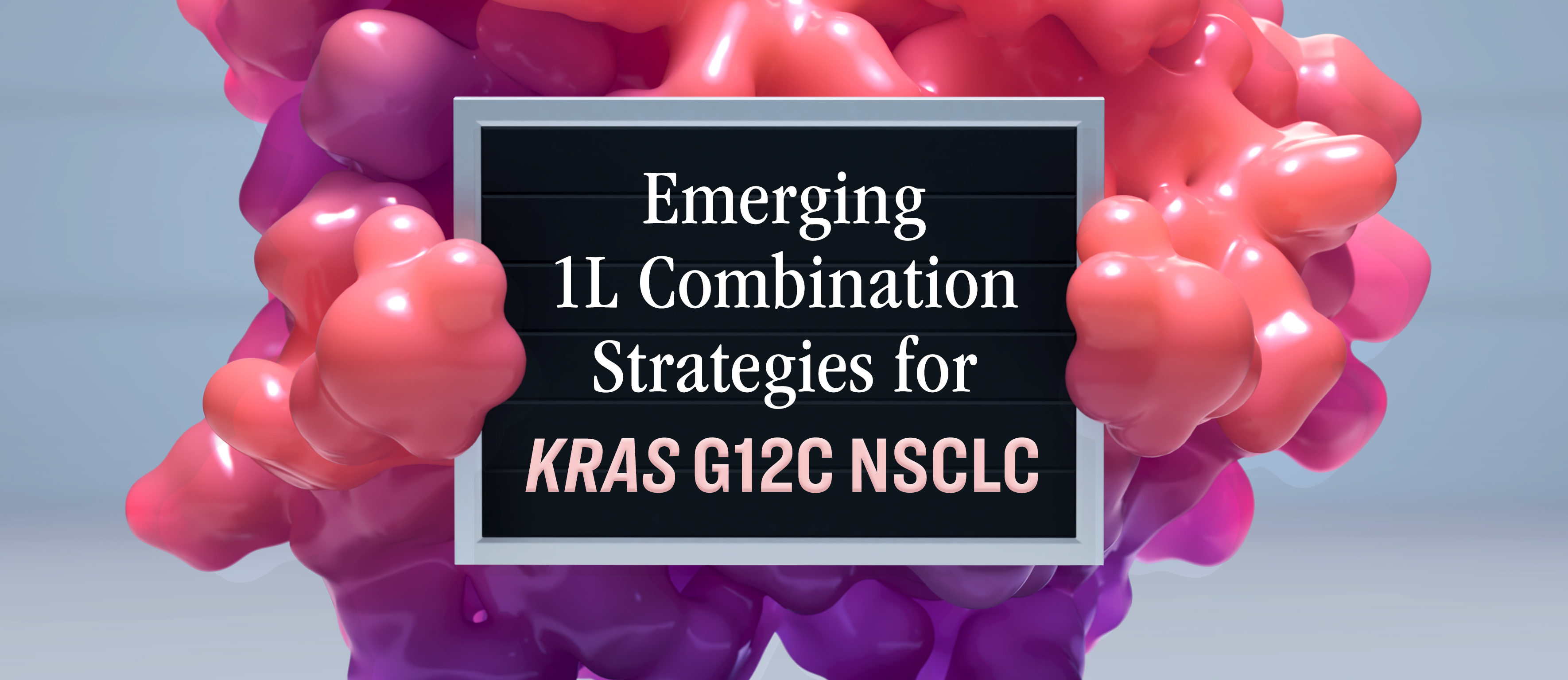 3D-image of a KRAS G12C molecule holding a suspect-style board as if under investigation.