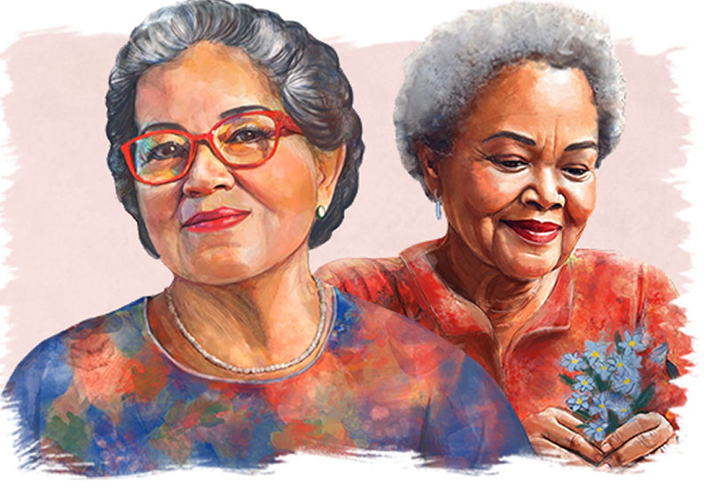 Watercolor portraits of a 72-year-old Hispanic woman and a 79-year-old Black woman