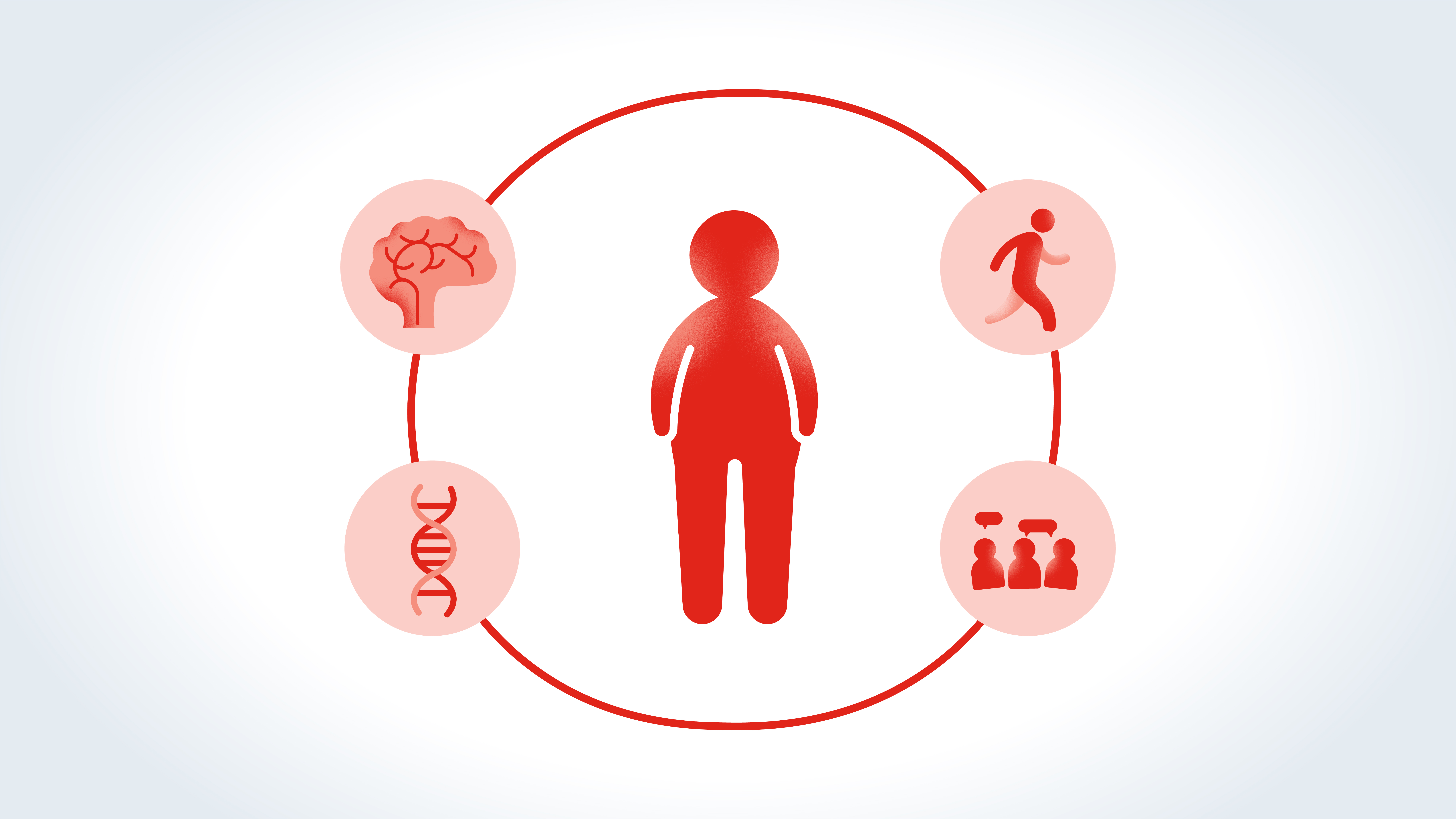 silhouette of man surrounded by 4 icons: person running, group of people thinking, DNA strand, and brain