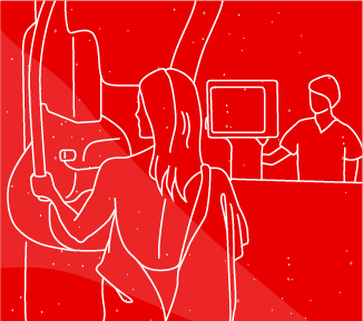 Illustration of a woman getting a mammogram with a mammography technologist in the background.