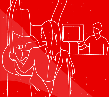 Illustration of a woman getting a mammogram with a mammography technologist in the background.
