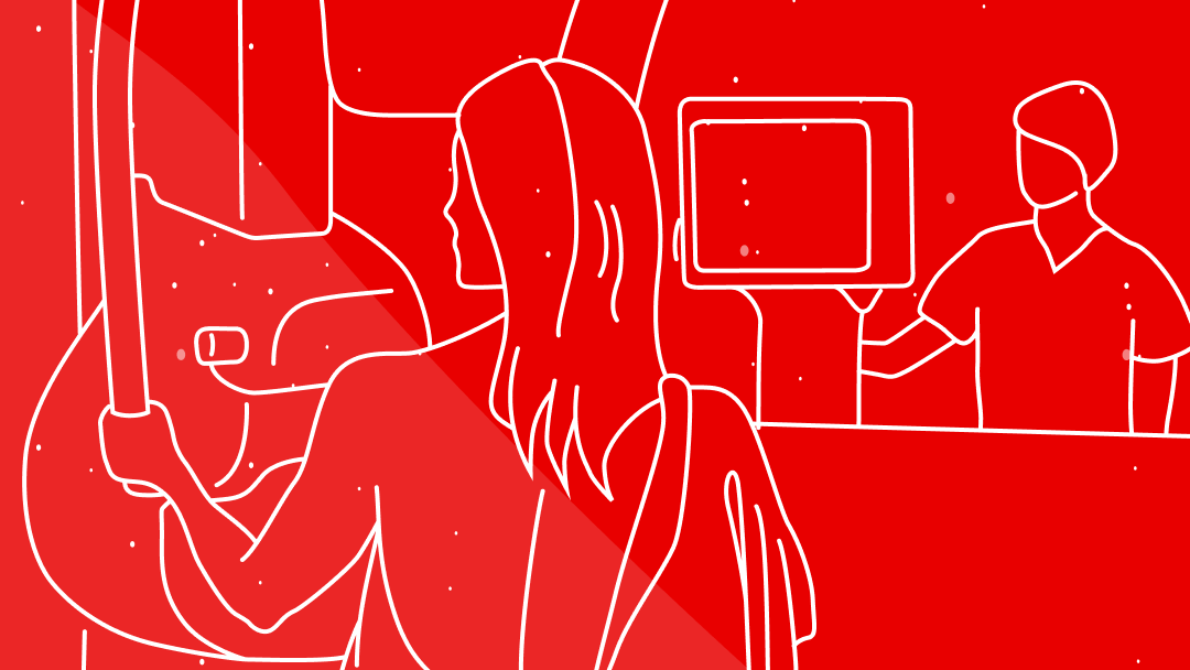 Illustration of a woman getting a mammogram with a mammography technologist in the background