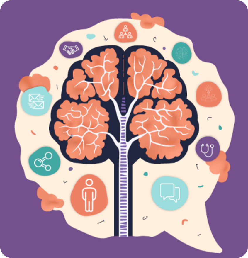 Central brain ladder element, surrounded by speech bubble containing images depicting communication between doctor, patient and care partner.