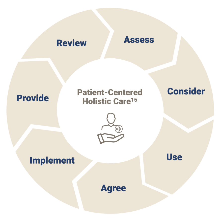 patient-centered holistic care in a cycle that consists of assess, consider, use, agree, implement, provide, and review.