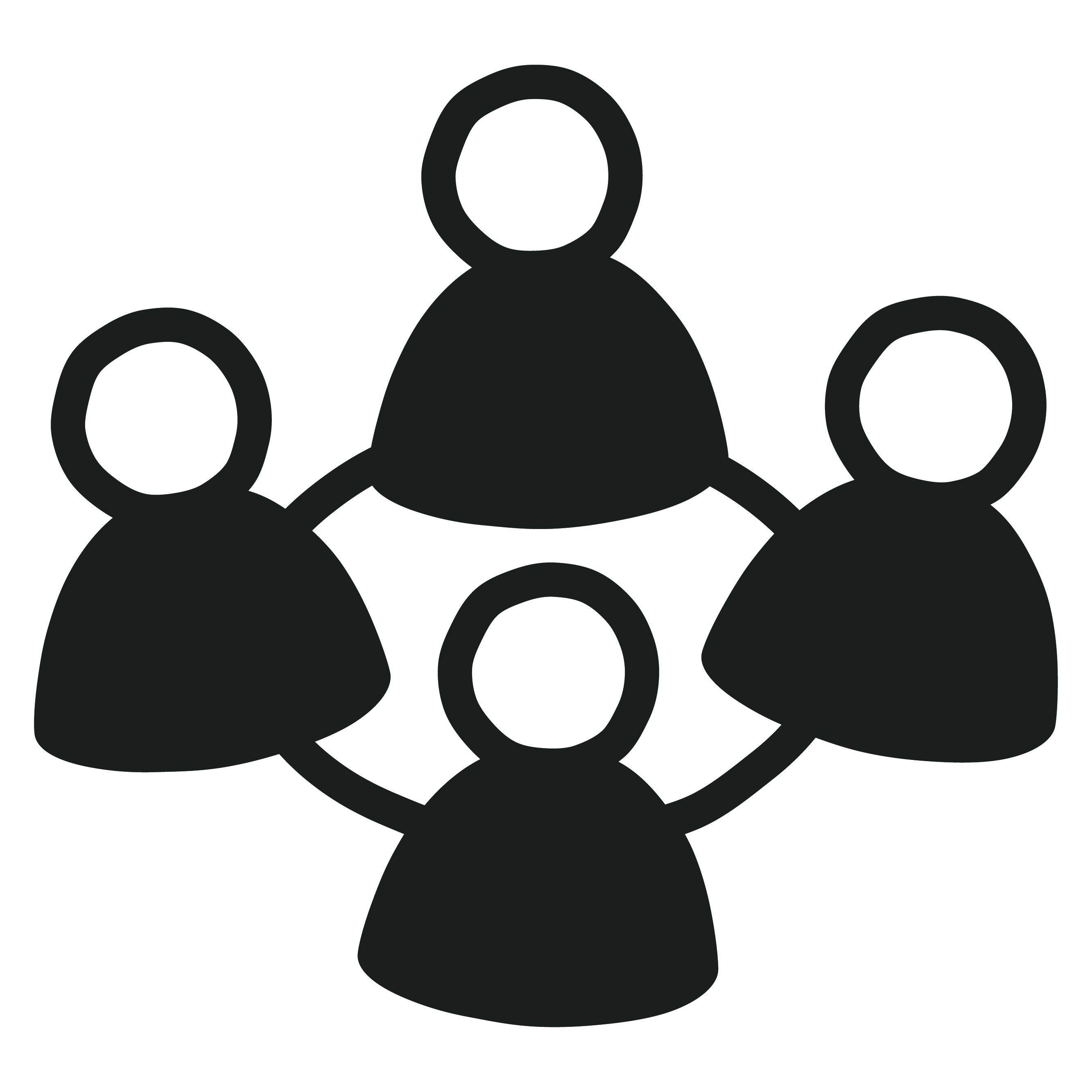 A simple black and white icon of four abstract human figures arranged in a circle, symbolizing a network or group. No text or mathematical content is present.