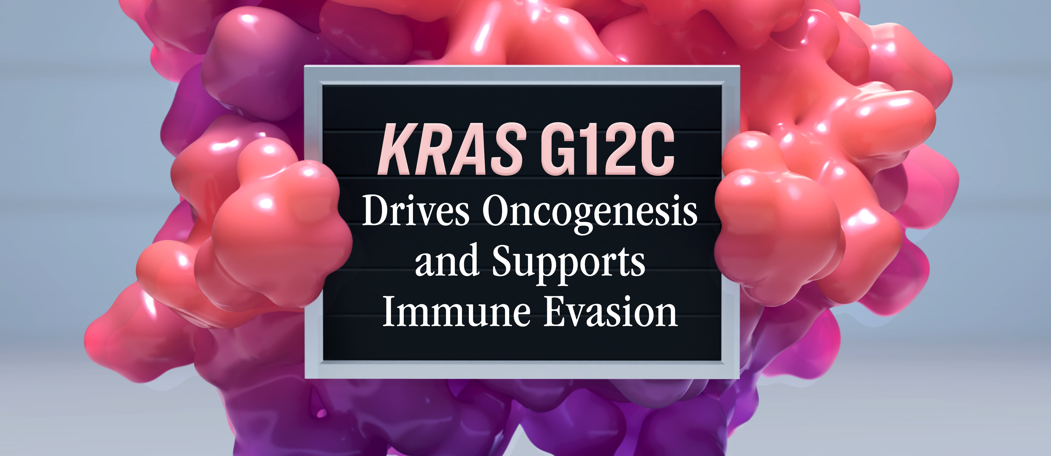 3D-image of a KRAS G12C molecule holding a suspect-style board as if under investigation.