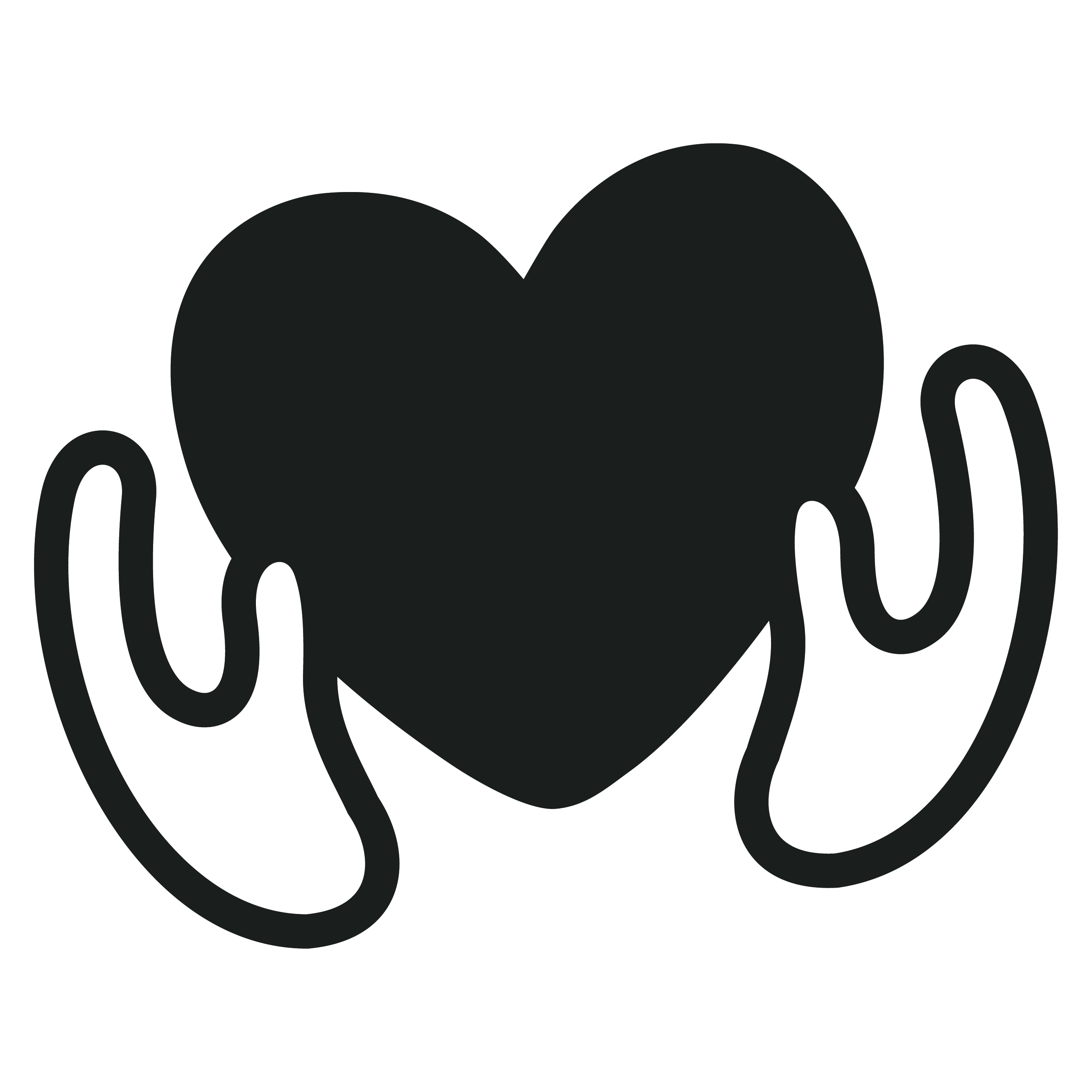 A black heart shape held by two stylized outline hands, one on each side, with fingers gently curving around the heart. No text or mathematical elements are present.