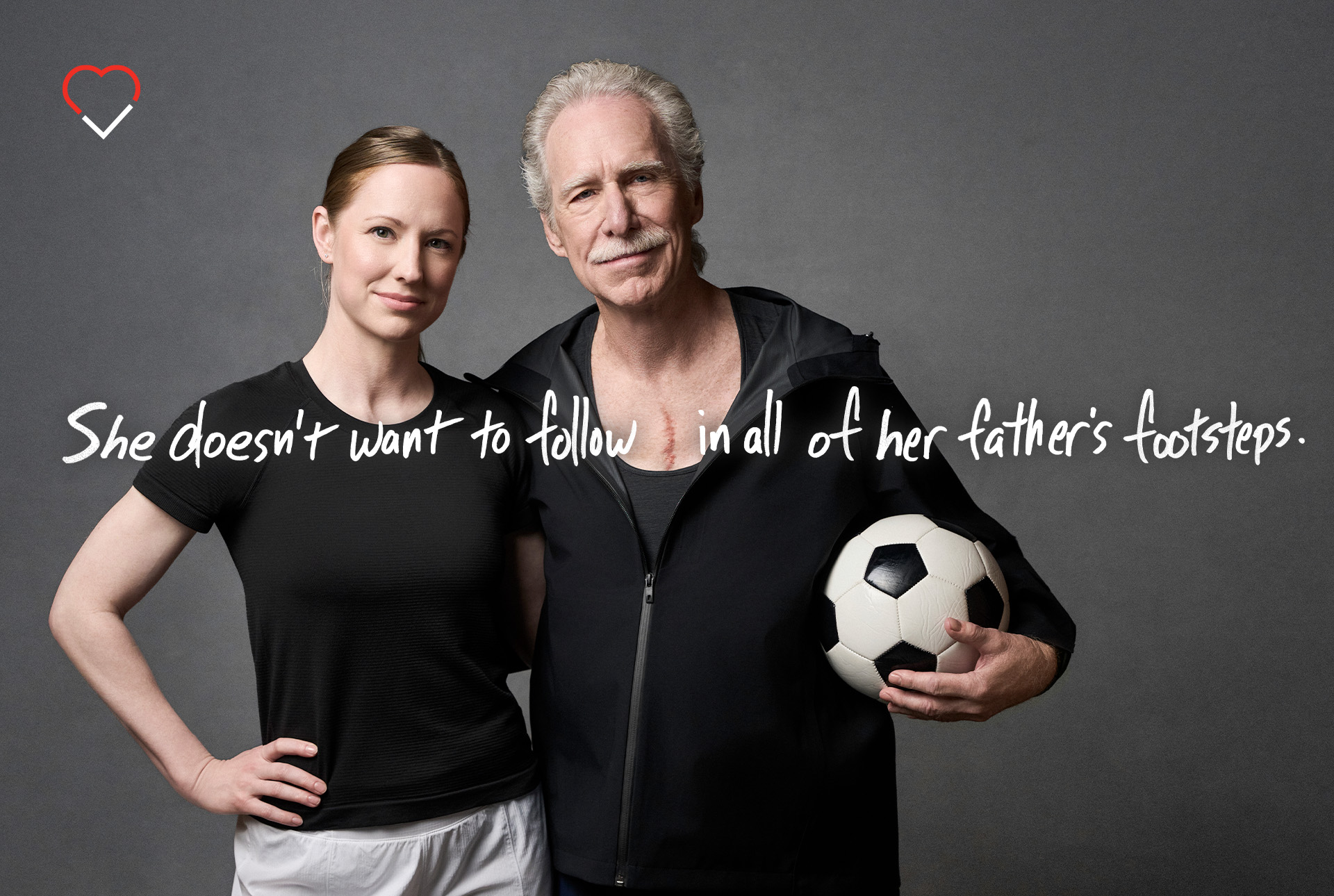 Woman and her father holding a soccer ball, with overlaid text: "She doesn't want to follow in all of her father's footsteps."
