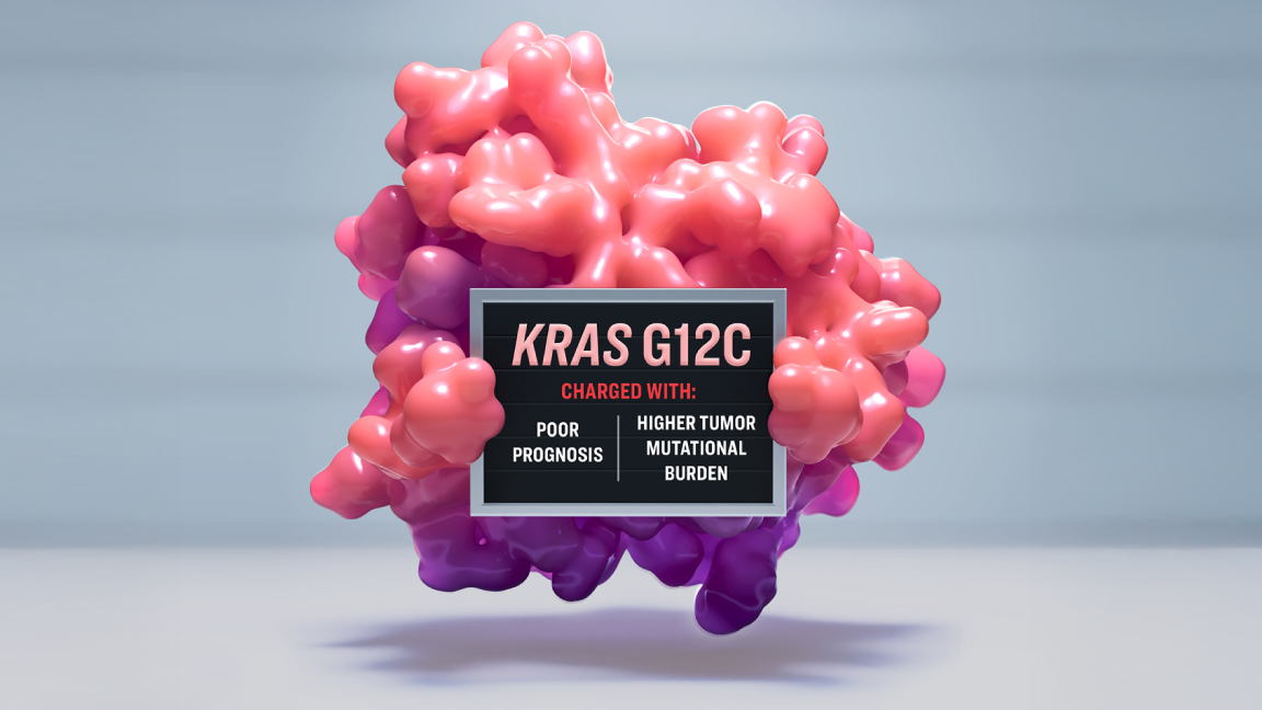3D-image of a KRAS G12C molecule holding a suspect-style board as if under investigation