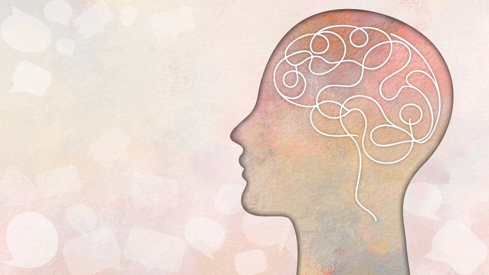 An illustration of a human head in profile view, with a complex white line pattern inside the brain area, representing neural pathways or thought processes. The background is a soft gradient of pastel colors with subtle speech bubble shapes scattered throughout.