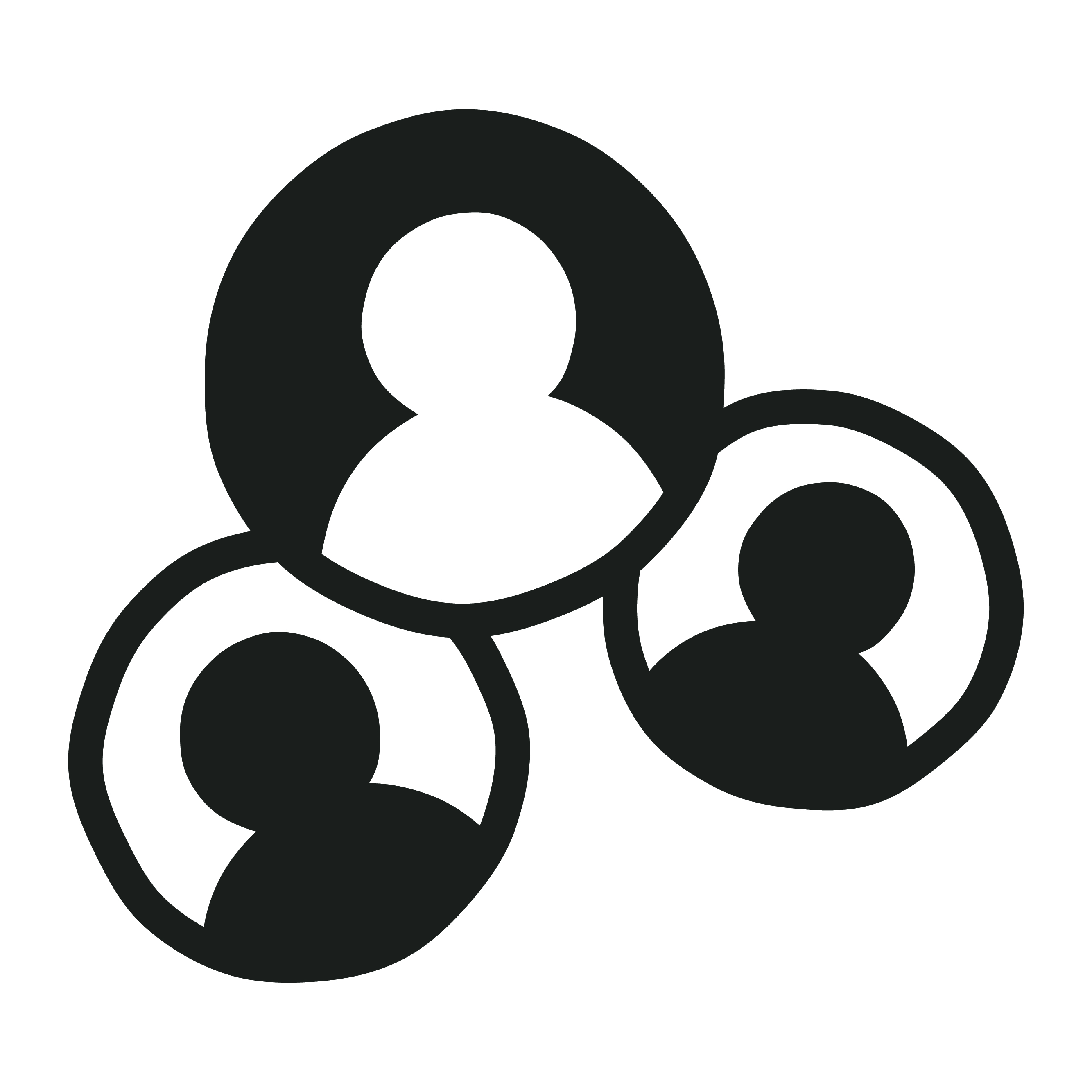 Three black circular icons with white silhouettes of people inside, arranged in a triangular formation. No text or mathematical content is present.