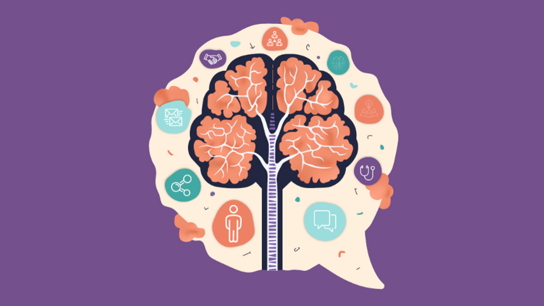 Graphic depicting central brain ladder element, surrounded by speech bubble containing images depicting communication between doctor, patient and care partner.