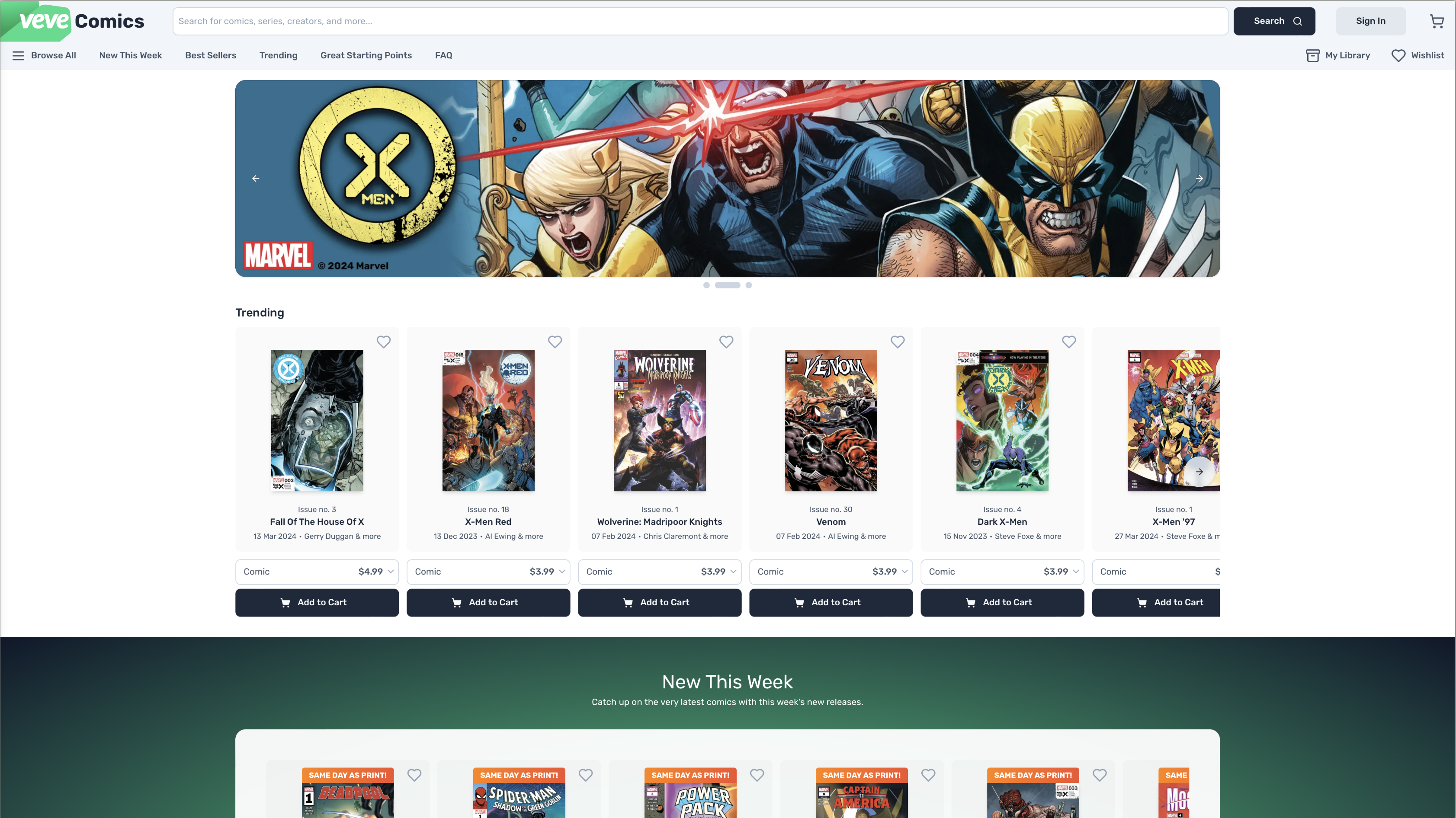VeVe Comics home page in a desktop web browser