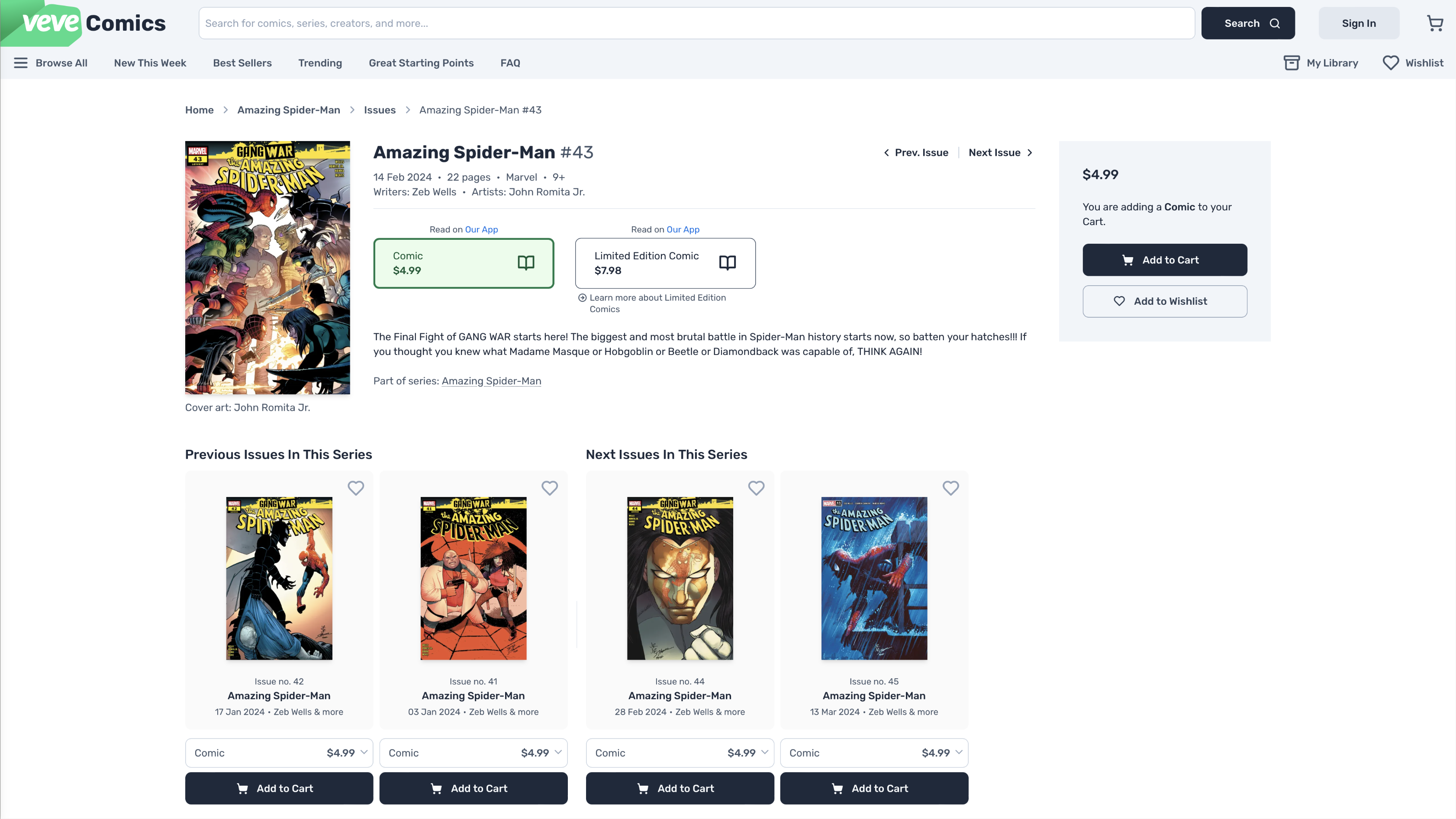 VeVe Comics product page in a desktop web browser