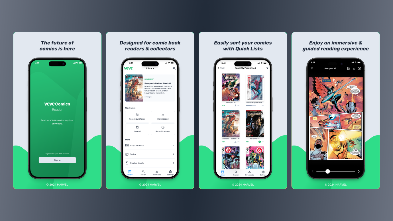 screenshots of iPhone VeVe Comics Reader App