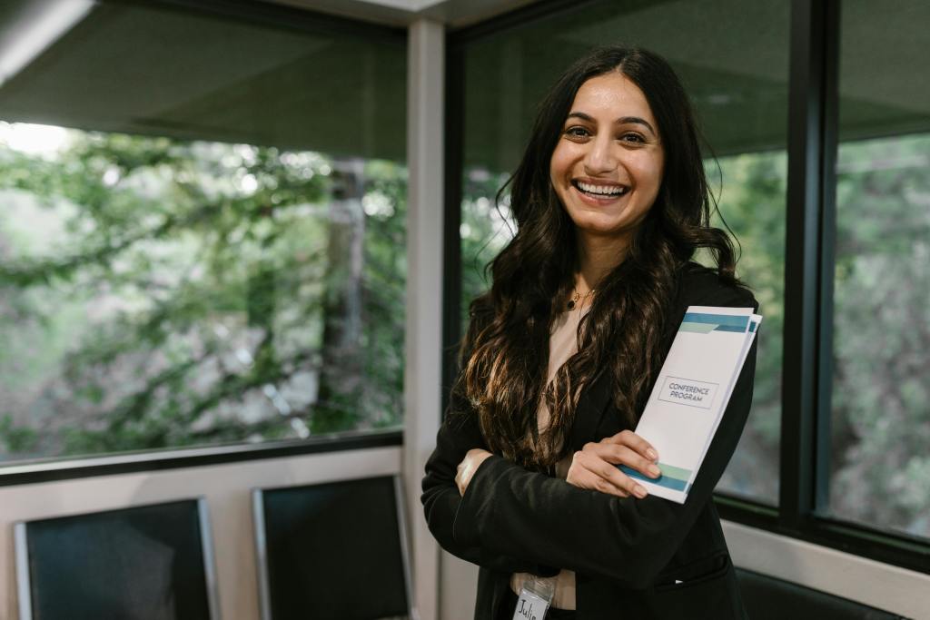 A woman smiling